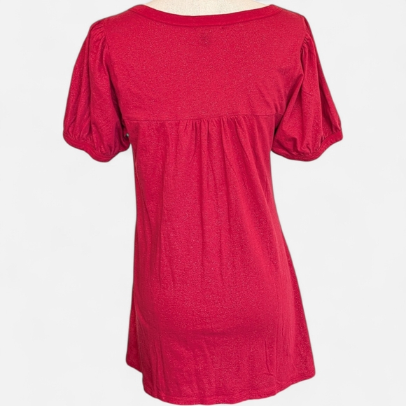 FANG Red Short Sleeve Metallic Tunic with Tie Neck Short Puff Sleeves BOHO Vamp - Picture 3 of 10